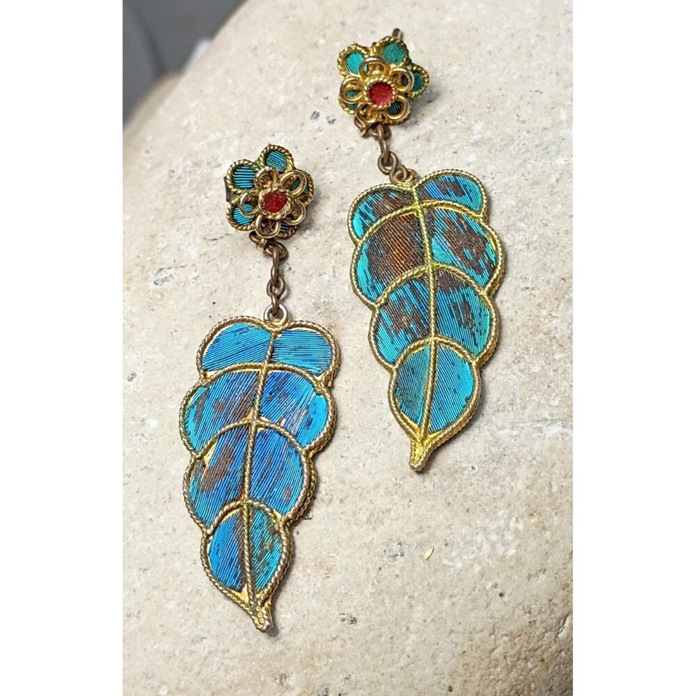 Vintage Kingfisher Blue Feather Dangle Earrings - Picture 7 of 12